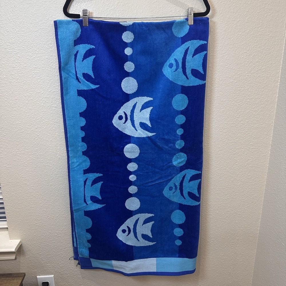 Franco‎ Egyptian Cotton Beach Towel NWT Blue Fish Oversized 72 x 39" Poolside